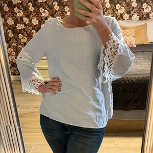 Women's Boho Blue Striped Top with Lace Sleeves